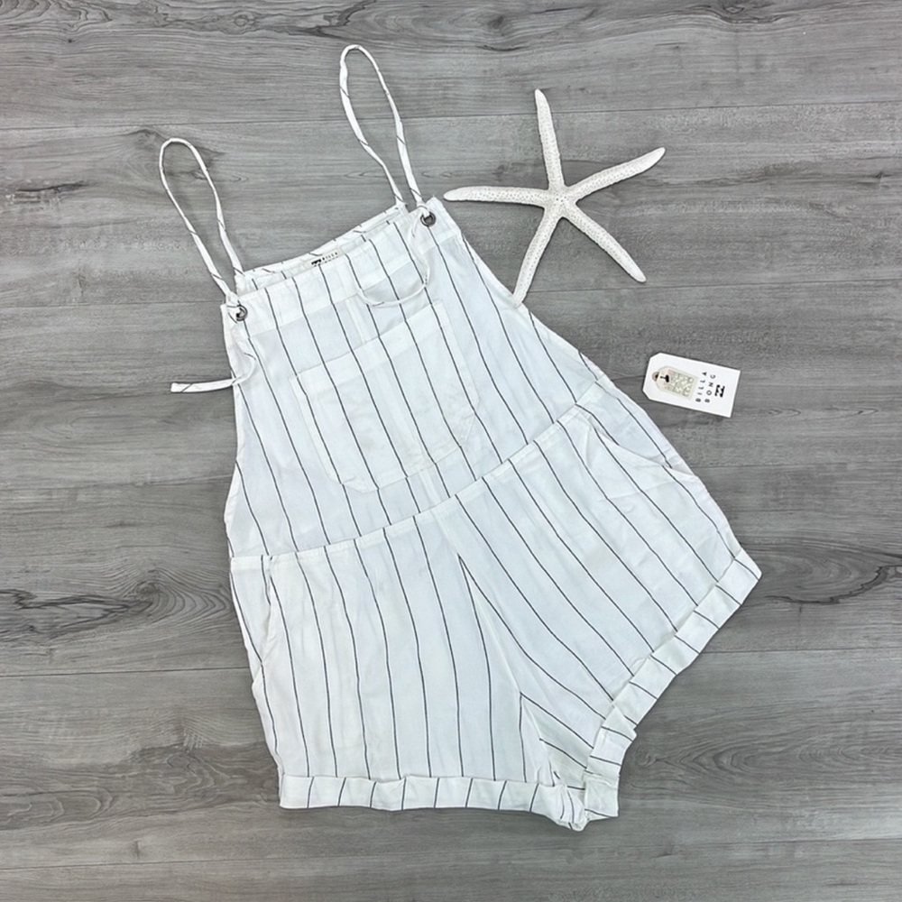 🔆BILLABONG🔆 Wild Pursuit White Striped Short Overalls ROMPER - Picture 2 of 13